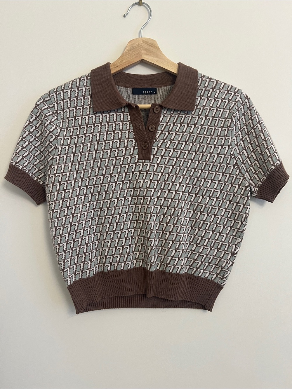 Brown Patterned Knit Polo Shirt -